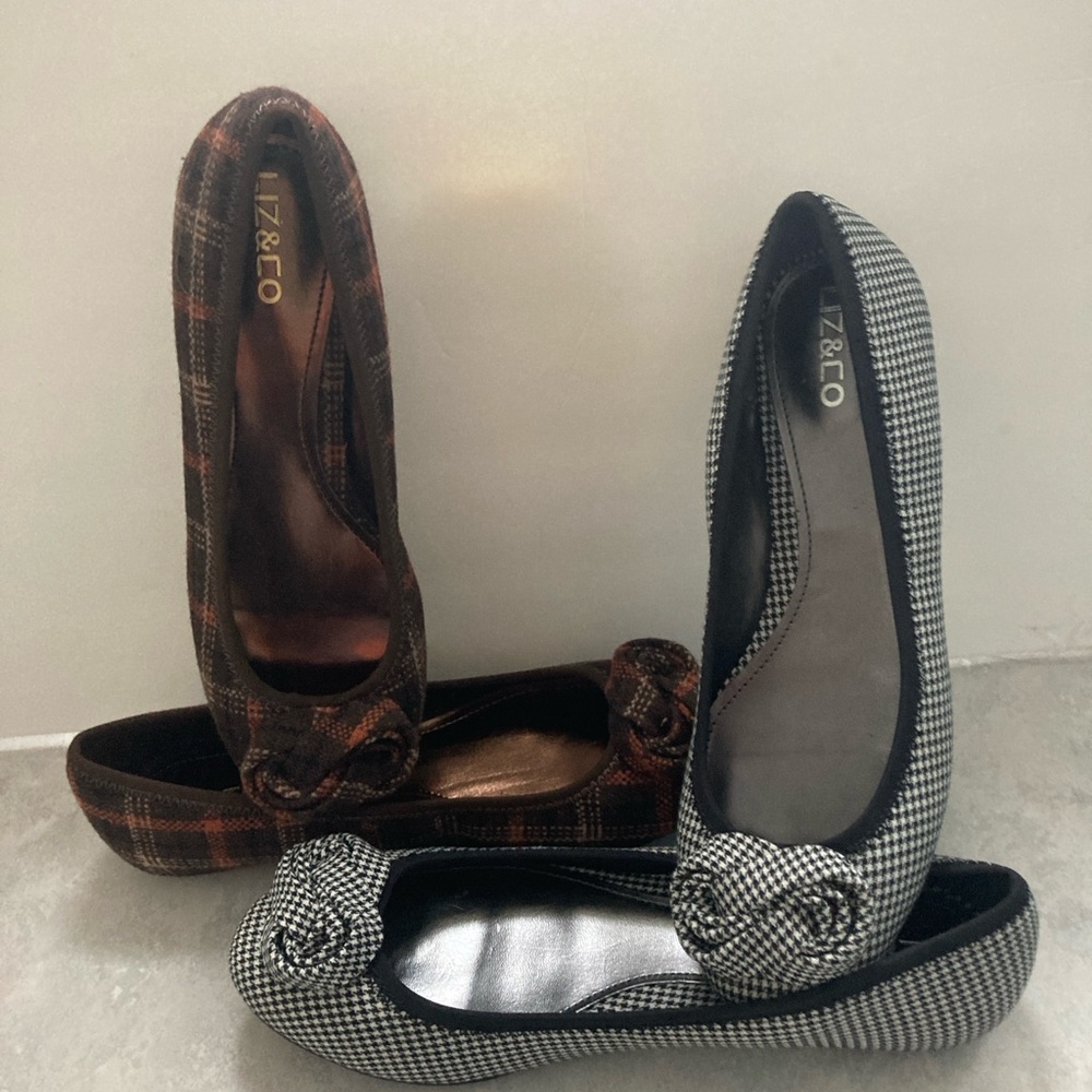 Liz & Co. Flats. 2 pairs tweed plaid and black houndstooth. Size 8.5 and 9.